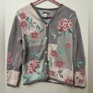 Coldwater Creek Gray and Pink Floral Cardigan Sweater